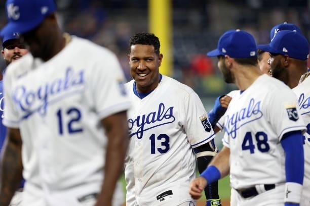 Salvador Perez of the Kansas City Royals reacts after hitting the game-winning walk-off single to defeat the Cincinnati Reds 7-6 and win the game in...
