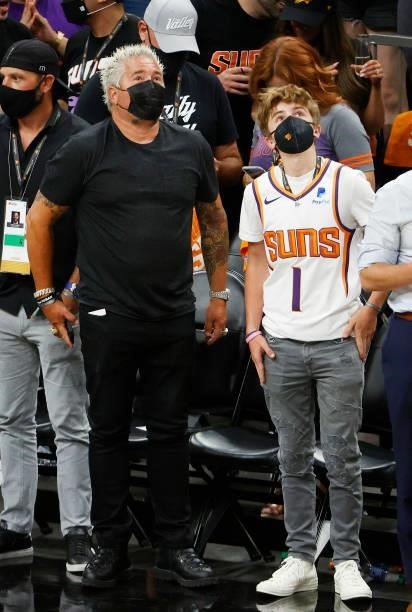 Guy Fieri look on in Game One of the NBA Finals between the Milwaukee Bucks and the Phoenix Suns at Phoenix Suns Arena on July 06, 2021 in Phoenix,...