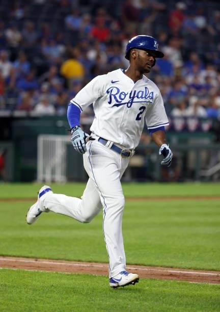 Michael A. Taylor of the Kansas City Royals rounds the bases after hitting a home run during the 5th inning of the game against the Cincinnati Reds...