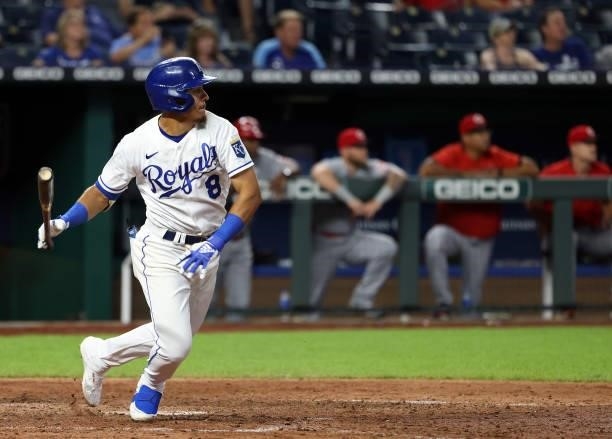 Nicky Lopez of the Kansas City Royals singles to knock in two runs during the 9th inning of the game against the Cincinnati Reds at Kauffman Stadium...