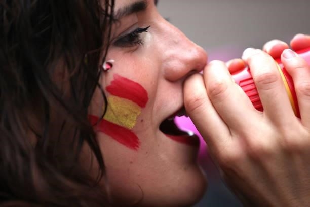 Spain fan chants down a mega-phone during the UEFA Euro 2020 Championship Semi-final match between Italy and Spain at Wembley Stadium on July 06,...