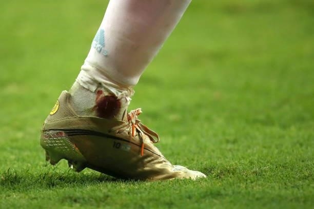 Detail of Lionel Messi's boot during a semi-final match of Copa America Brazil 2021 between Argentina and Colombia at Mane Garrincha Stadium on July...