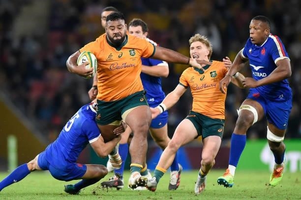 Taniela Tupou of the Wallabies takes on the defence during the international Test match between the Australia Wallabies and France at Suncorp Stadium...