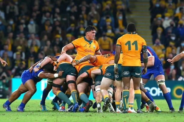 Darcy Swain of the Wallabies stands in the scrum during the international Test match between the Australia Wallabies and France at Suncorp Stadium on...