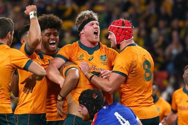 Matt Philip of the Wallabies reacts to a non try during the international Test match between the Australia Wallabies and France at Suncorp Stadium on...