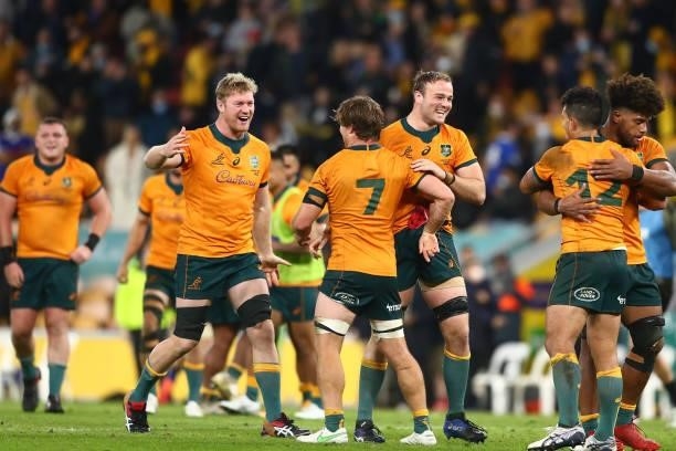 Wallabies celebrate winning the international Test match between the Australia Wallabies and France at Suncorp Stadium on July 07, 2021 in Brisbane,...
