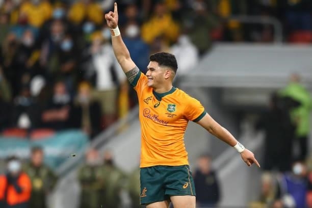 Noah Lolesio of the Wallabies celebrates winning the international Test match between the Australia Wallabies and France at Suncorp Stadium on July...