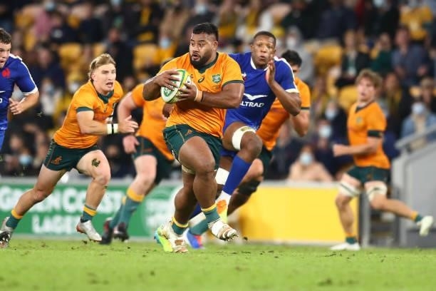 Taniela Tupou of the Wallabies makes a break during the international Test match between the Australia Wallabies and France at Suncorp Stadium on...