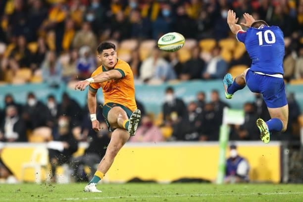 Noah Lolesio of the Wallabies kicks during the international Test match between the Australia Wallabies and France at Suncorp Stadium on July 07,...