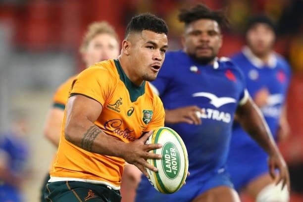 Hunter Paisami of the Wallabies runs the ball during the international Test match between the Australia Wallabies and France at Suncorp Stadium on...
