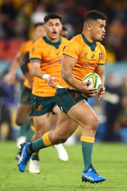 Hunter Paisami of the Wallabies runs the ball during the international Test match between the Australia Wallabies and France at Suncorp Stadium on...