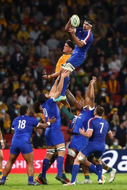 Dylan Cretin of France takes the line out during the international Test match between the Australia Wallabies and France at Suncorp Stadium on July...