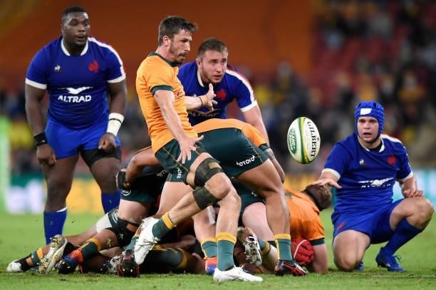 Jake Gordon of the Wallabies kicks the ball during the international Test match between the Australia Wallabies and France at Suncorp Stadium on July...