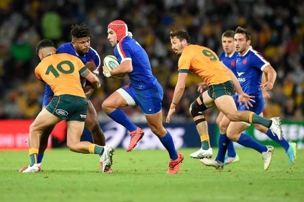 Gabin Villiere of France makes a break to score his second try during the international Test match between the Australia Wallabies and France at...