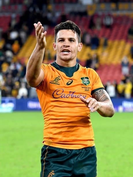 Matt To'omua of the Wallabies celebrates victory after the international Test match between the Australia Wallabies and France at Suncorp Stadium on...