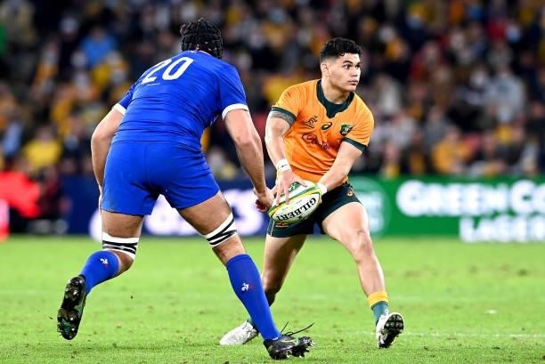 Noah Lolesio of the Wallabies looks to pass during the international Test match between the Australia Wallabies and France at Suncorp Stadium on July...