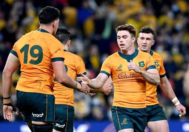Andrew Kellaway of the Wallabies celebrates during the international Test match between the Australia Wallabies and France at Suncorp Stadium on July...