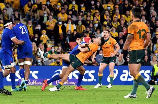 Gabin Villiere of France is penalised for this tackle on Noah Lolesio of the Wallabies during the international Test match between the Australia...