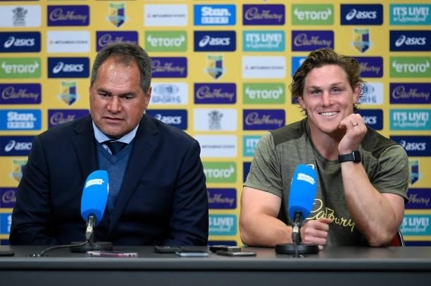 Coach Dave Rennie and Michael Hooper of the Wallabies speak during a press conference after the international Test match between the Australia...