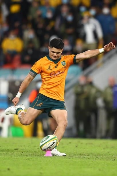 Noah Lolesio of the Wallabies kicks during the international Test match between the Australia Wallabies and France at Suncorp Stadium on July 07,...