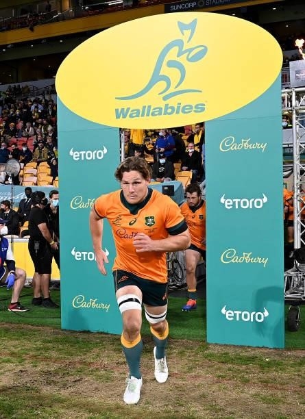 Michael Hooper of the Wallabies leads his team onto the field during the international Test match between the Australia Wallabies and France at...