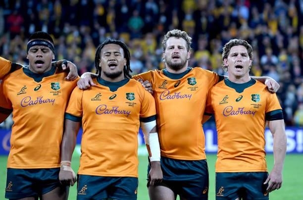 Michael Hooper of the Wallabies and team mates embrace for the national anthem during the international Test match between the Australia Wallabies...