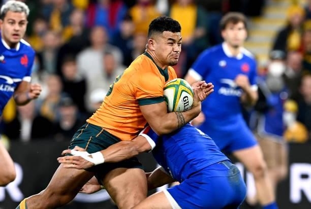 Hunter Paisami of the Wallabies takes on the defence during the international Test match between the Australia Wallabies and France at Suncorp...