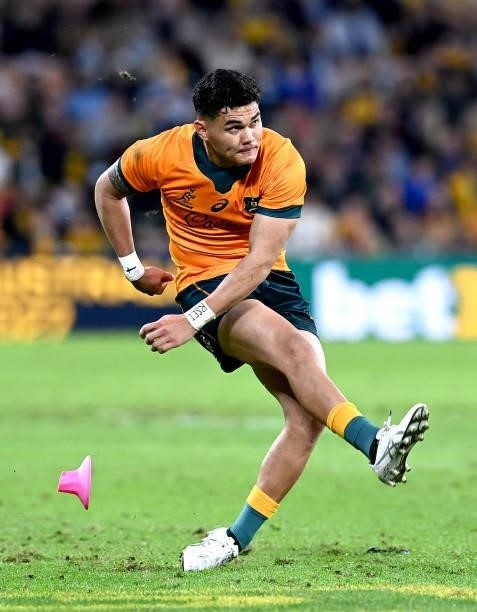 Noah Lolesio of the Wallabies kicks the ball during the international Test match between the Australia Wallabies and France at Suncorp Stadium on...