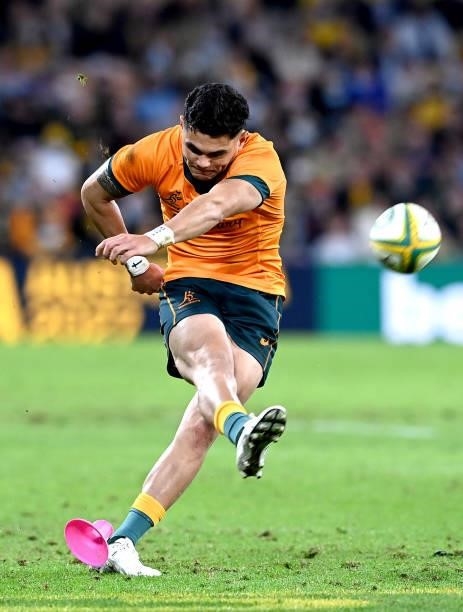 Noah Lolesio of the Wallabies kicks the ball during the international Test match between the Australia Wallabies and France at Suncorp Stadium on...