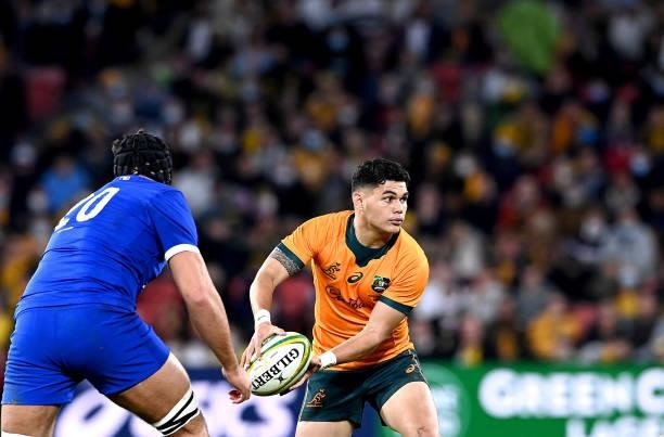 Noah Lolesio of the Wallabies looks to pass during the international Test match between the Australia Wallabies and France at Suncorp Stadium on July...