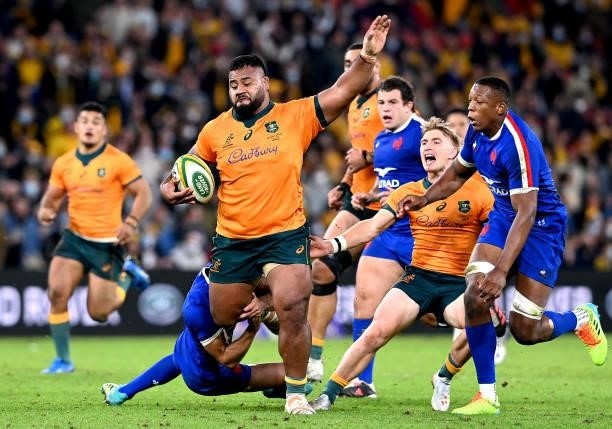 Taniela Tupou of the Wallabies breaks through the defence during the international Test match between the Australia Wallabies and France at Suncorp...