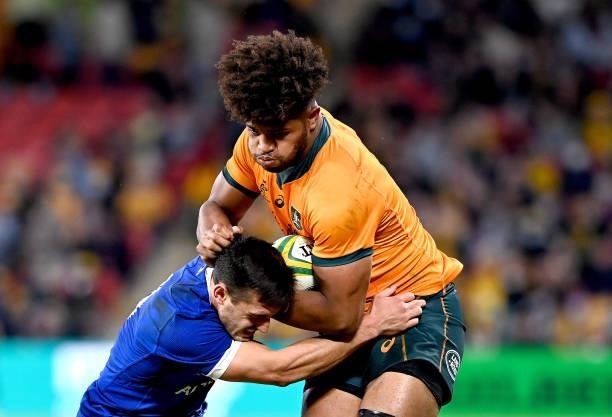 Rob Valetini of the Wallabies takes on the defence during the international Test match between the Australia Wallabies and France at Suncorp Stadium...