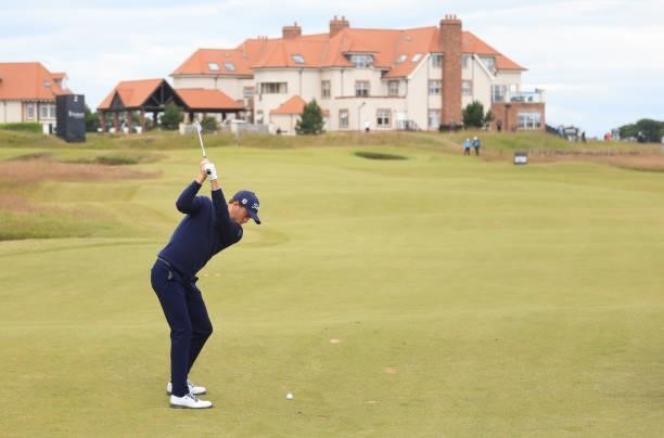 Justin Thomas of the USA in action during the Pro Am event prior to the abrdn Scottish Open at The Renaissance Club on July 07, 2021 in North...