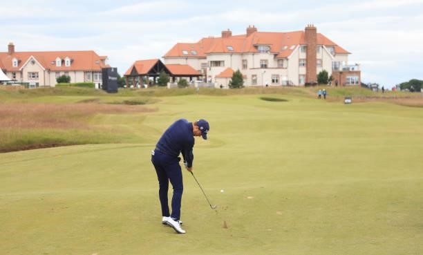 Justin Thomas of the USA in action during the Pro Am event prior to the abrdn Scottish Open at The Renaissance Club on July 07, 2021 in North...