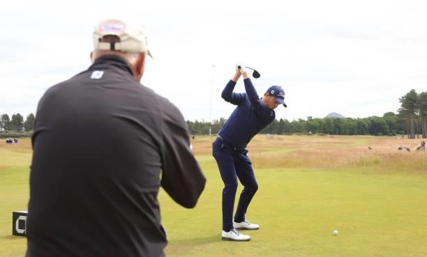 Justin Thomas of the USA in action with his coach father Mike Thomas during the Pro Am event prior to the abrdn Scottish Open at The Renaissance Club...