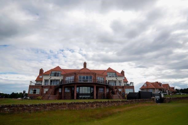 View of the Club House and 18th green during a practice day prior to the abrdn Scottish Open at The Renaissance Club on July 07, 2021 in North...