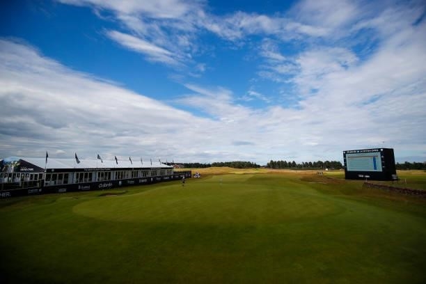 View of the 18th green during a practice day prior to the abrdn Scottish Open at The Renaissance Club on July 07, 2021 in North Berwick, Scotland.