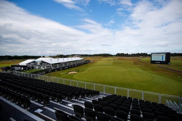 View of the 18th green during a practice day prior to the abrdn Scottish Open at The Renaissance Club on July 07, 2021 in North Berwick, Scotland.
