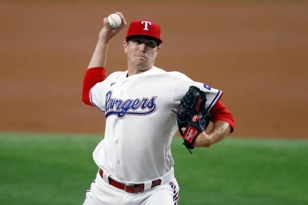 Kyle Gibson of the Texas Rangers pitches against the Detroit Tigers in the top of the first inning at Globe Life Field on July 07, 2021 in Arlington,...
