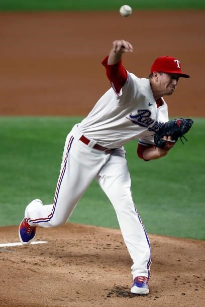 Kyle Gibson of the Texas Rangers pitches against the Detroit Tigers in the top of the first inning at Globe Life Field on July 07, 2021 in Arlington,...