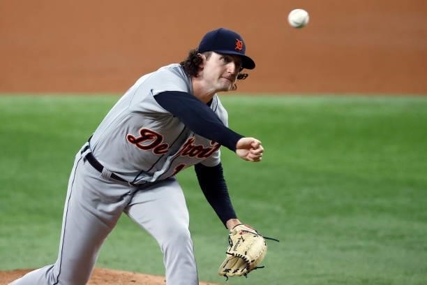 Casey Mize of the Detroit Tigers pitches against the Texas Rangers in the bottom of the second inning at Globe Life Field on July 07, 2021 in...