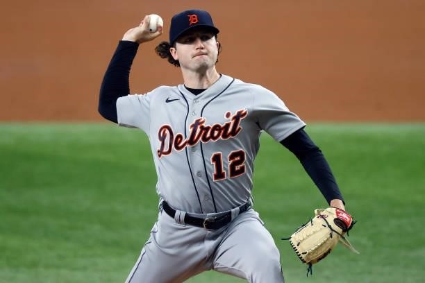 Casey Mize of the Detroit Tigers pitches against the Texas Rangers in the bottom of the second inning at Globe Life Field on July 07, 2021 in...
