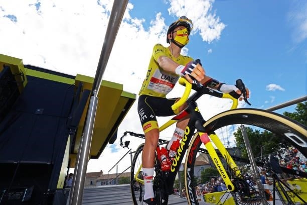 Tadej Pogačar of Slovenia and UAE-Team Emirates yellow leader jersey at start during the 108th Tour de France 2021, Stage 11 a 198,9km km stage from...