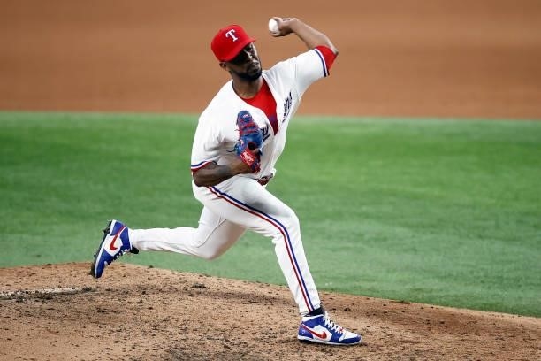 Joely Rodriguez of the Texas Rangers pitches against the Detroit Tigers in the top of the seventh inning at Globe Life Field on July 07, 2021 in...