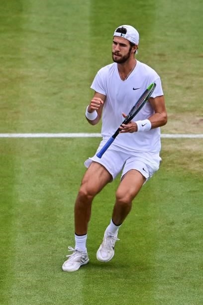 Karen Khachanov of Russia celebrates during his match against Dennis Shapovalov of Canada in the quarter finals of the gentlemen's singles during Day...