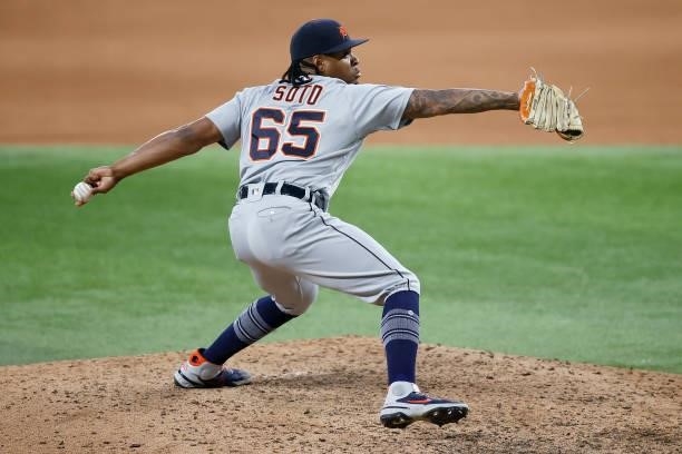 Gregory Soto of the Detroit Tigers pitches against the Texas Rangers in the bottom of the eighth inning at Globe Life Field on July 07, 2021 in...