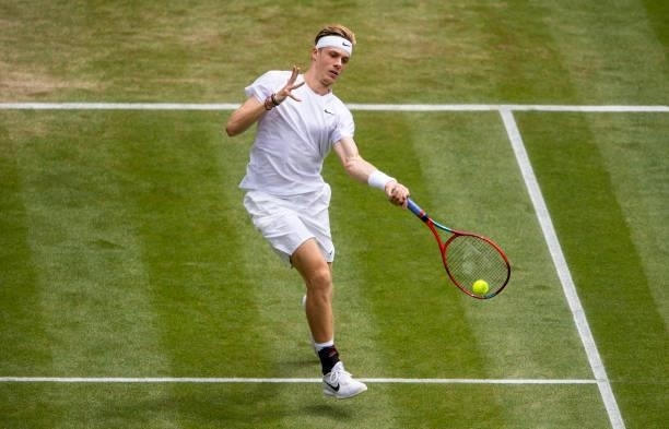 Dennis Shapovalov of Canada hits a forehand against Karen Khachanov of Russia in the quarter finals of the gentlemen's singles during Day Nine of The...