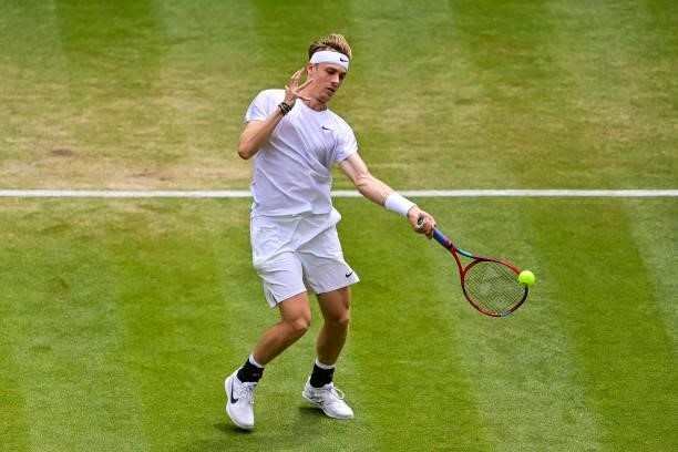 Dennis Shapovalov of Canada hits a forehand against Karen Khachanov of Russia in the quarter finals of the gentlemen's singles during Day Nine of The...