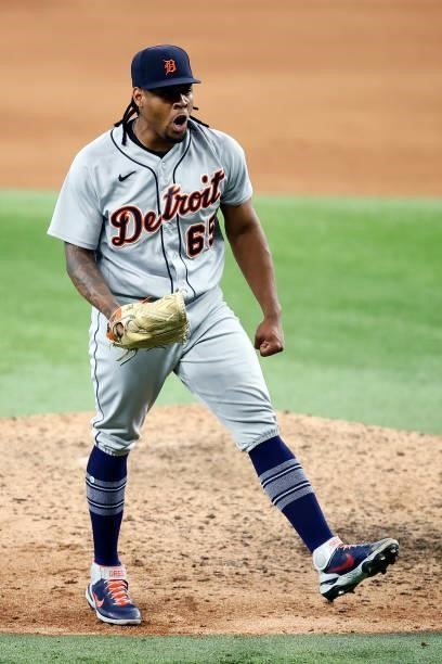 Gregory Soto of the Detroit Tigers reacts after striking out Eli White of the Texas Rangers for the final out in the bottom of the ninth inning to...