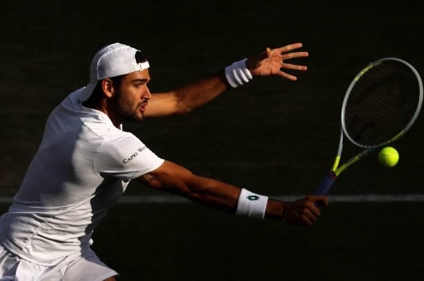 Matteo Berrettini of Italy plays a backhand volley during his men's Singles Quarter Final match against Felix Auger Aliassime of Canada on Day Nine...